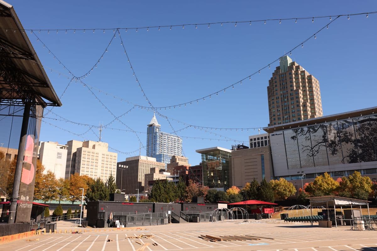 Amphitheater stage looking out over the downtown Raleigh skyline